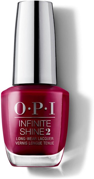 En flaska med ljusrosa nagellack med silverlock, märkt "O.P.I Infinite Shine 2."