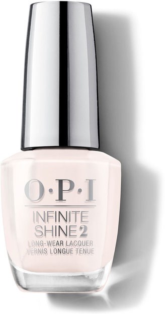 En flaske med OPI Infinite Shine 2 neglelakk med sølvhette, inneholder lys rosa neglelakk.