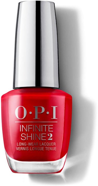 En ljus röd nagellackflaska med ett silverlock, kallad 'O.P.I Infinite Shine 2'.