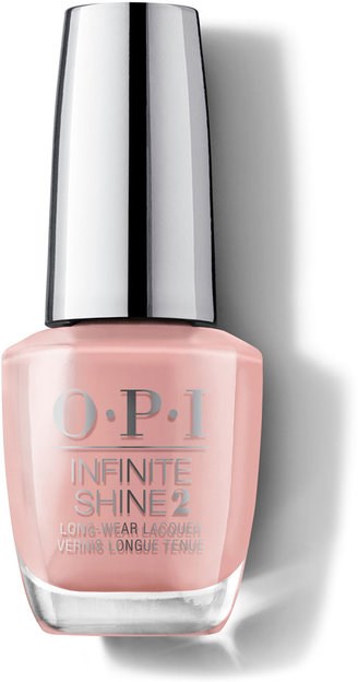 Nagellackflaska i rosa med silverlock och svart linje, märkt O.P.I INFINITE SHINE 2.