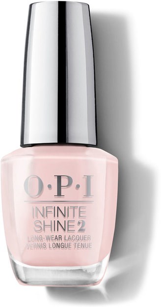 En flaska rosa nagellack med en silverkapsyl, märkt 'O.P.I Infinite Shine 2' för långvarigt bruk.