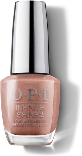 En flaska med O.P.I. Infinite Shine nagellack i en rosa nyans med en glänsande, silver färg.