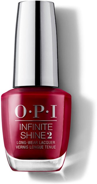 En röd nagellackflaska med silverkapsyl och vit text, märkt "O.P.I Infinite Shine 2."