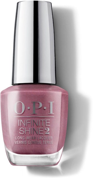 En rosa nagellackflaska med en glänsande silverhätt. Etiketten säger O.P.I och Infinite Shine 2.