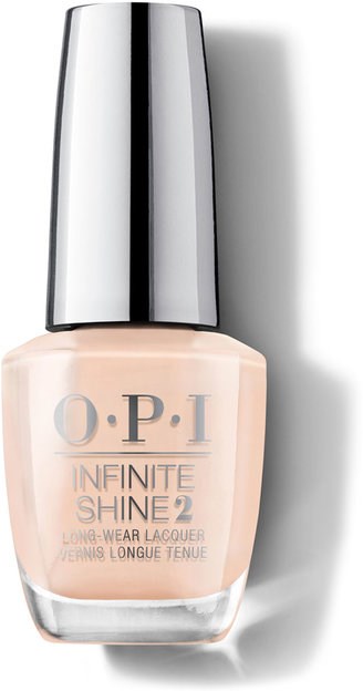 En beige nagellackflaska med en silverlock och svarta detaljer, märkt 'O.P.I Infinite Shine 2 Long-Wear Lacquer.'