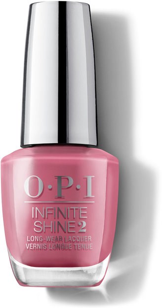 Rosa nagellackflaska med en blank silverkapsel, märkt 'O.P.I Infinite Shine 2'.