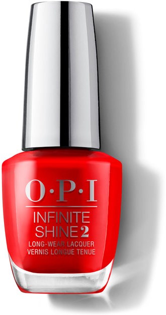 Röd nagellackflaska med silverlock, märkt 'O.P.I INFINITE SHINE 2'.