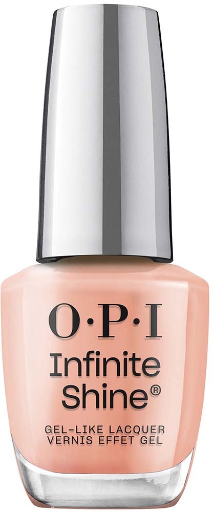 A bottle of OPI Infinite Shine nail polish with a peach-colored gel-like texture and a silver cap.
