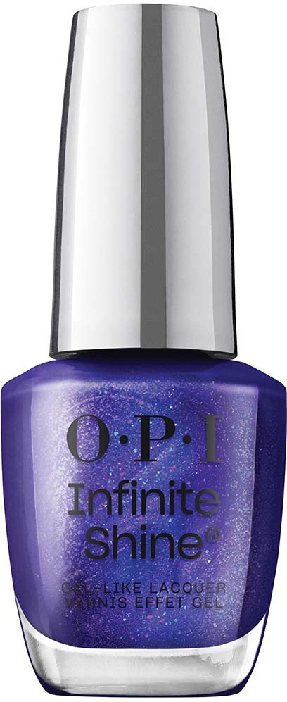 En blå-lila nagellackflaska med silverlock från O.P.I:s Infinite Shine-kollektion. Den glittrar och blänker.