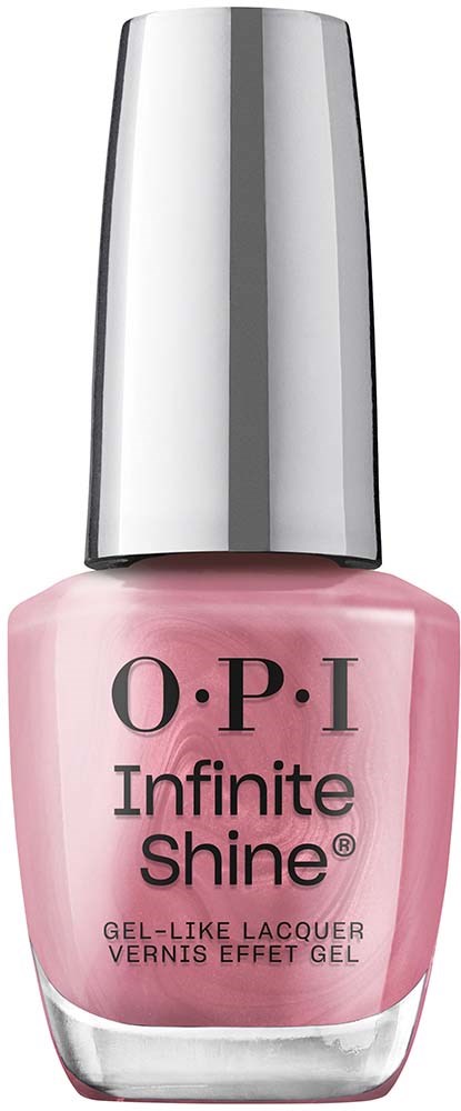 En rosa nagellackflaska med en silverkapsel, märkt 'O.P.I Infinite Shine'.