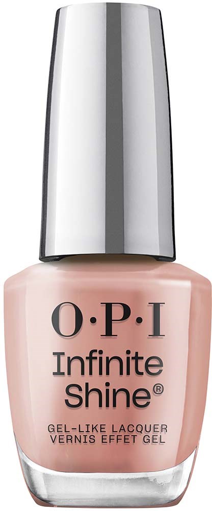 Violetta lakan pullo, jossa kiiltävä hopeakorkki ja merkintä "O.P.I Infinite Shine."