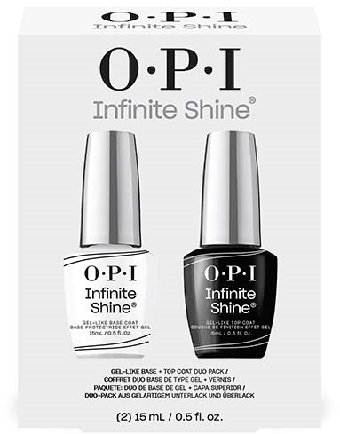 To jest pudełko na lakier do paznokci O.P.I. Infinite Shine, pokazuje dwie butelki z srebrnymi nakrętkami, jedna biała, jedna czarna.