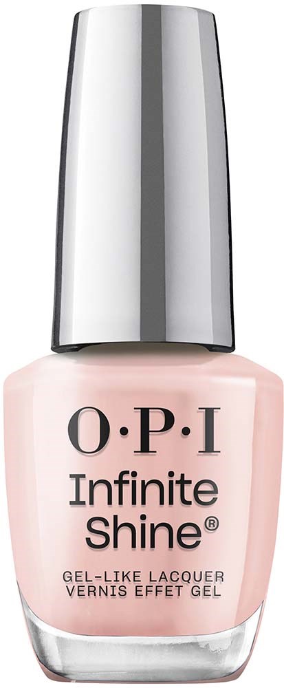 OPI Infinite Shine kynsilakkapullo vaaleanpunaisella värillä ja hopeisella korkilla.