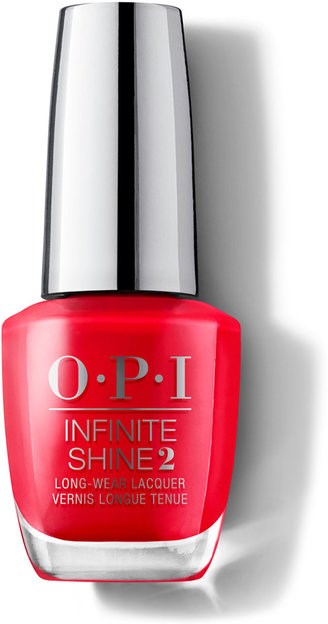 En röd flaska med O.P.I Infinite Shine 2 nagellack med glänsande silverlock.