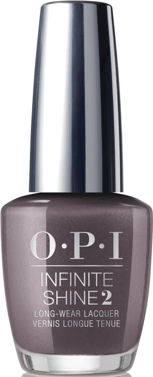 En flaska nagellack från OPI i mörkgrått med ett glänsande silverlock.