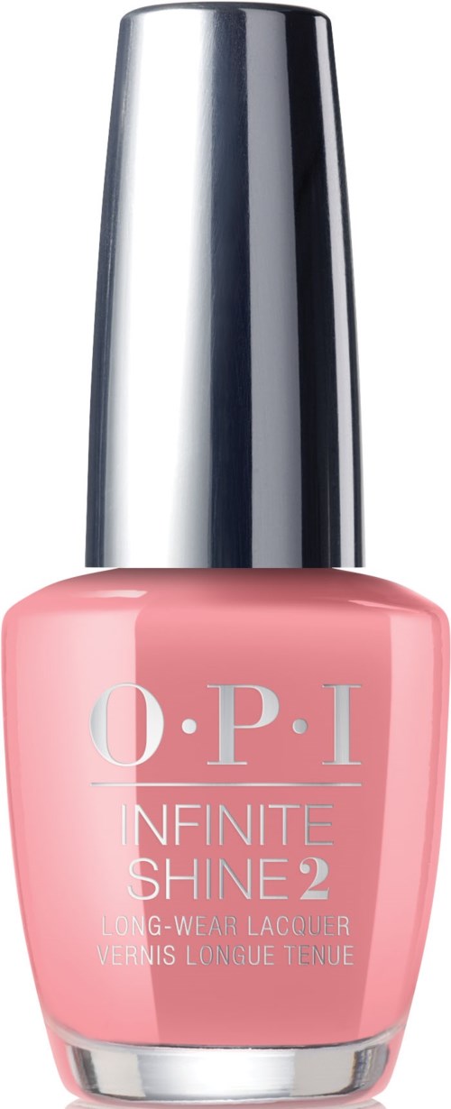 Litet nagellack i rosa med silverhätta, märkt 'O.P.I Infinite Shine 2'.