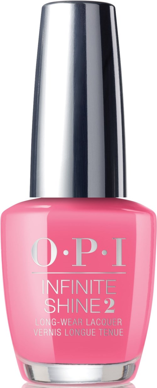En rosa nagellacksflaska med en silverhätta, märkt O.P.I Infinite Shine 2.