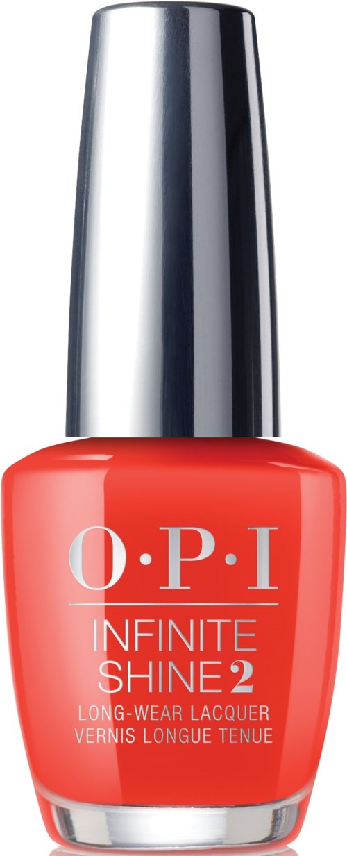 En ljus röd nagellackflaska med en silverkork märkt "O.P.I Infinite Shine 2."