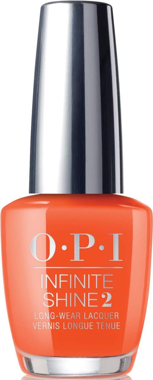 En flaska ljusorange nagellack med ett silverlock, märkt O.P.I Infinite Shine 2.
