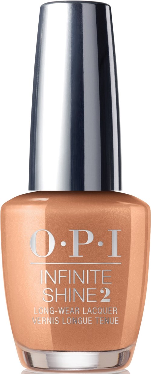 En nagellackflaska i beige färg med en silverkapsel och märket O.P.I.