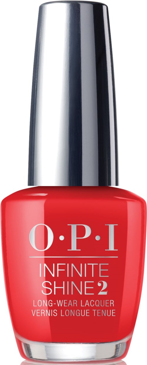 En röd nagellackflaska med silverlock från OPI, märkt Infinite Shine 2, långvarig lack.