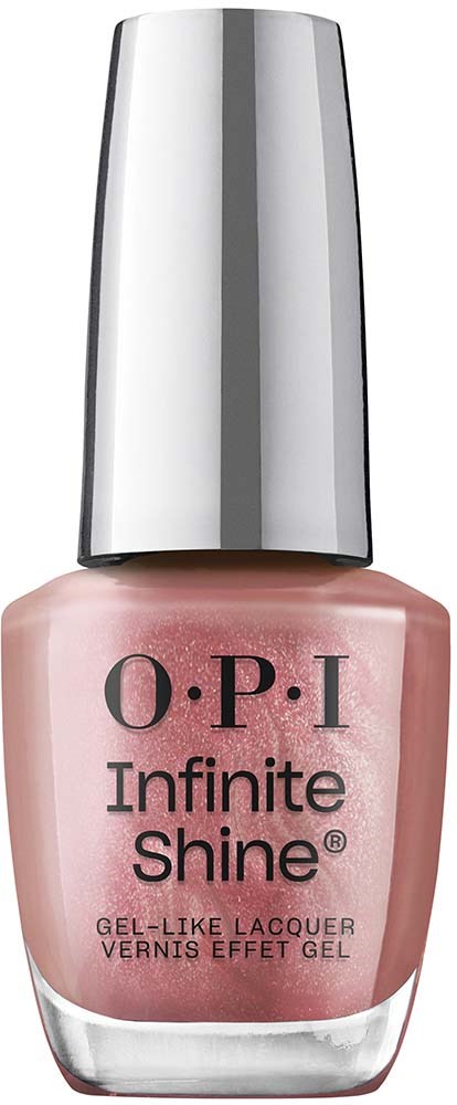En nagellacksflaska med metallkork, ljusrosa färg, märkt "O.P.I Infinite Shine."