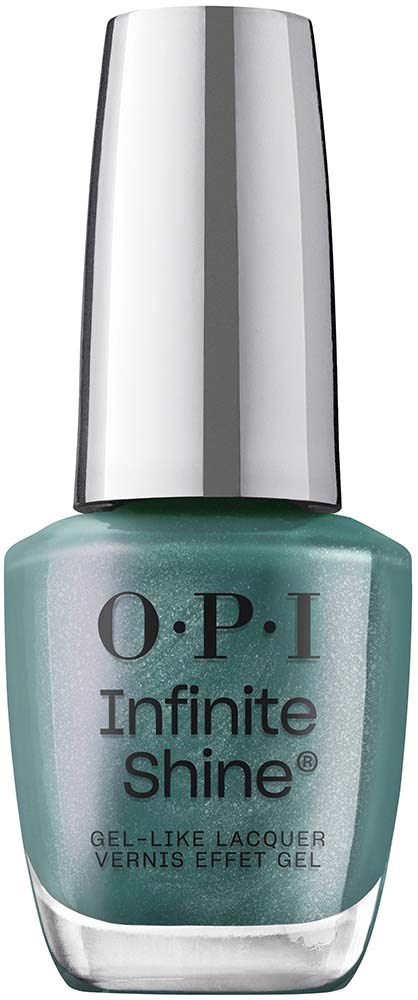 En teal neglelakkflaske med sølvhette, merket O.P.I Infinite Shine.