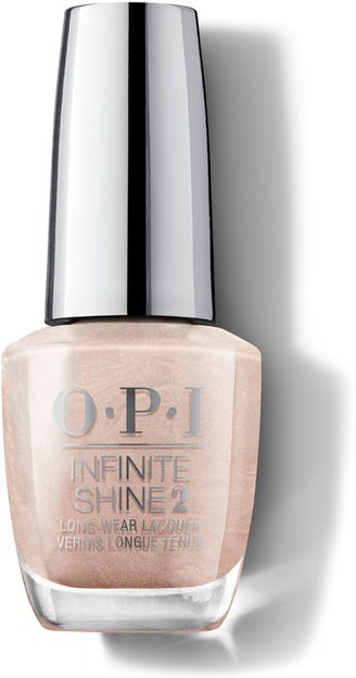 Nagellackflaska med beige färg och ett glänsande silverlock, märkt 'O.P.I Infinite Shine 2'.
