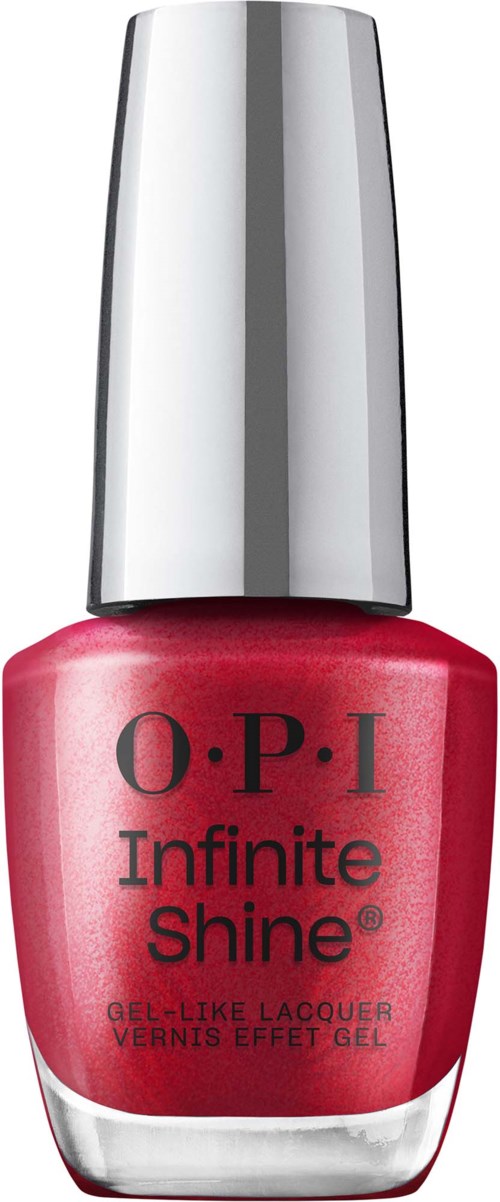 O.P.I Infinite Shine kynsilakkapullo pinkissä värissä ja hopeisella korkilla, esittää tuotteen nimen ja brändin.
