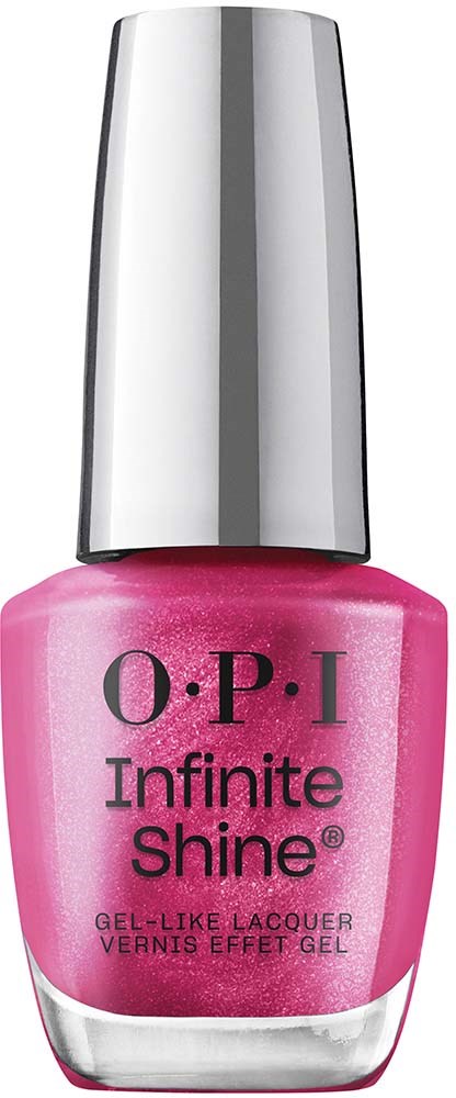 En rosa neglelakkflaske med sølvhette merket 'O.P.I Infinite Shine'.