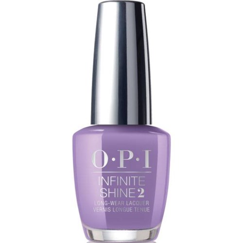 En lavendelfärgad nagellackflaska med silverkork, märkt O.P.I Infinite Shine 2, långvarig lack.