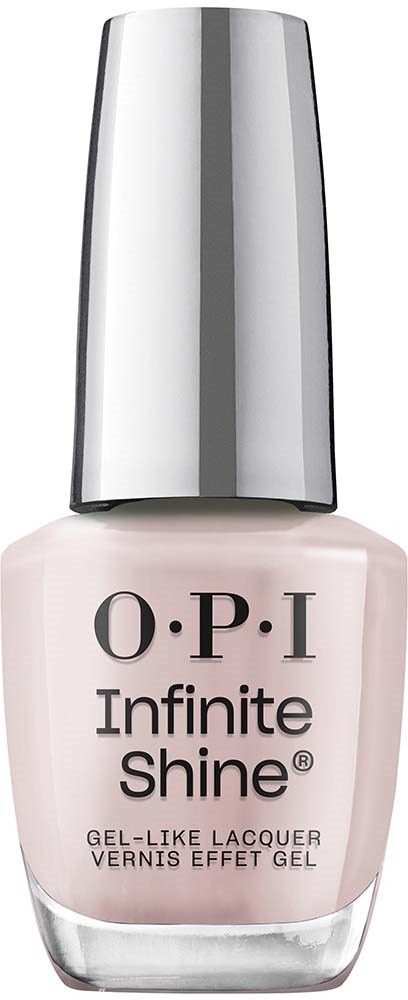 En flaska av O.P.I Infinite Shine nagellack med ljusrosa färg och silverkapsel.