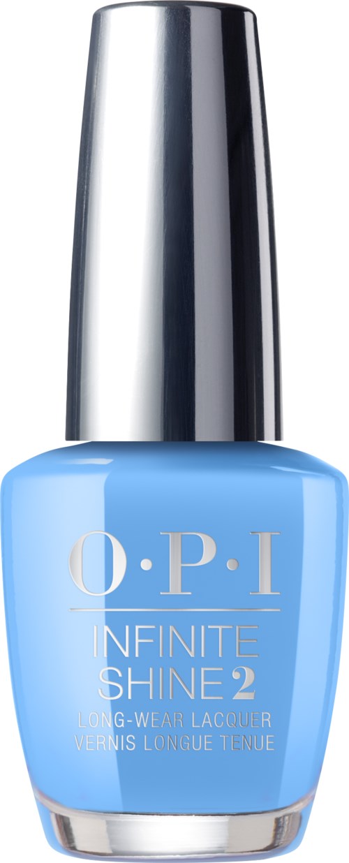 Ljusblå nagellackflaska med silverkapsyl, märkt O.P.I Infinite Shine 2.