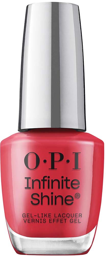 Rosa nagellackflaska med silverkapsyl, märkt 'O.P.I Infinite Shine' och 'Gel-Like Lacquer'.