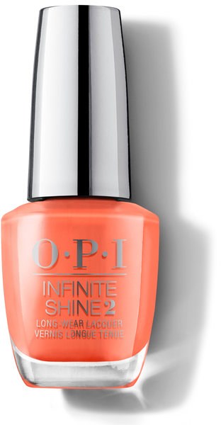 En flaska nagellack i korallfärg med glänsande silverlock, märkt "O.P.I INFINITE SHINE 2".