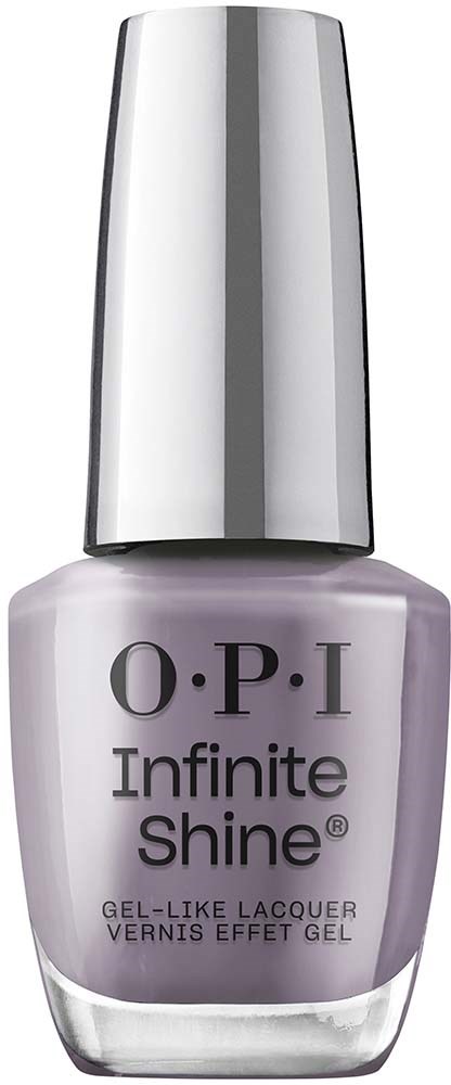 En lavendelfärgad nagellackflaska med silverlock, märkt 'O.P.I Infinite Shine' och 'Gel-Like Lacquer'.