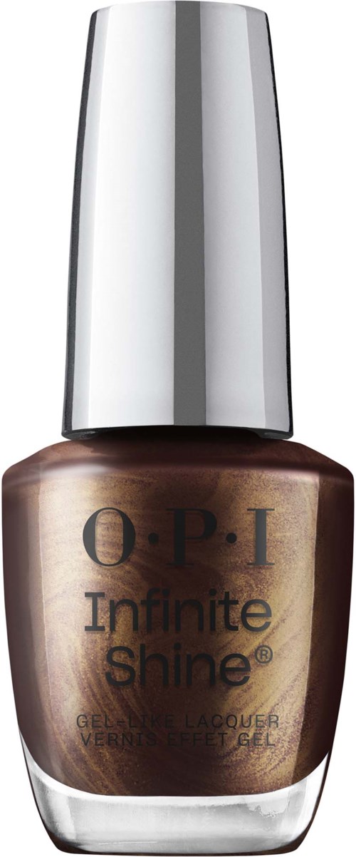 Ruskean värinen kynsilakkapullo, jossa hohtava hopeinen kansi, merkitty OPI Infinite Shine.