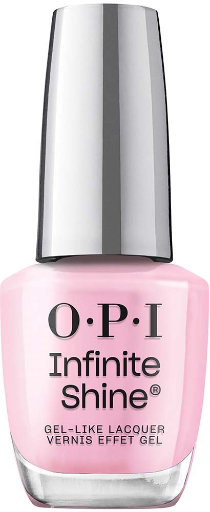Hellrosa Nagellackflasche mit silberner Kappe und schwarzem Text "O.P.I Infinite Shine."