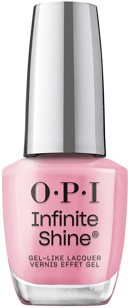 En rosa nagellackflaska med silverlock märkt 'O.P.I Infinite Shine' som ger gel-liknande finish.