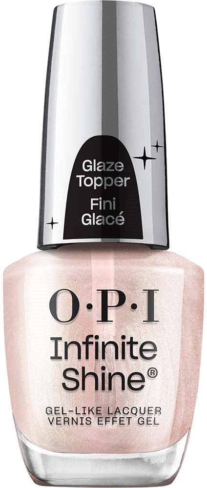 OPI Infinite Shine -lakkapullo, jossa hopea ja musta korkki, merkattu geelimäiseksi lakaksi.