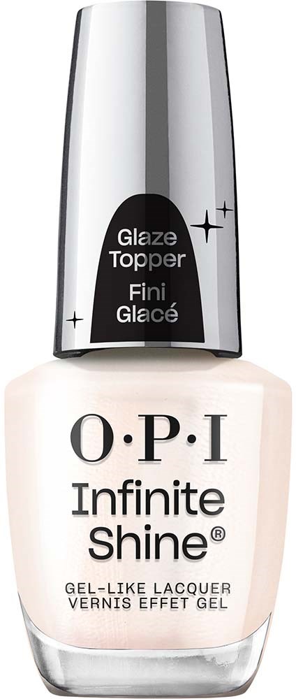 Valkoinen kynsilakkapullo, hopean kansi, merkintä OPI Infinite Shine ja etiketti top coat.