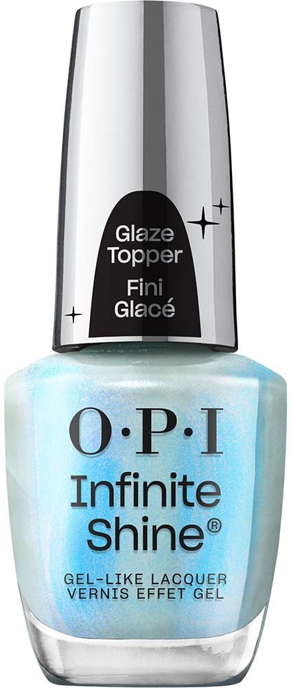 Vaaleansininen kynsilakkapullo, jossa hopeinen korkki, O.P.I Infinite Shine. Glaze Topper ja geelimäinen pinta.