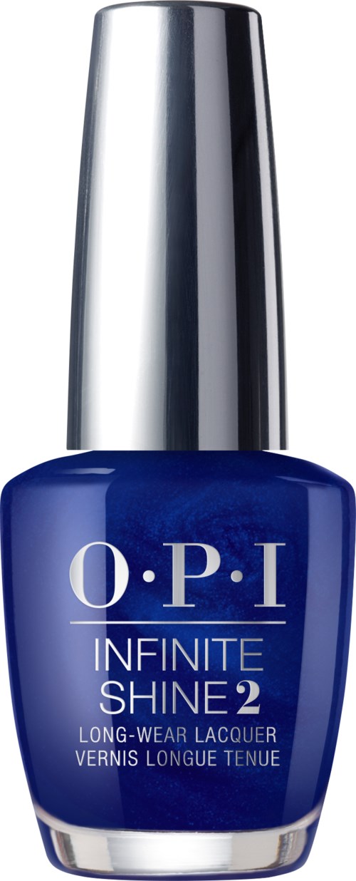 Blå nagellackflaska med silverlock, märkt 'O.P.I Infinite Shine 2' för hållbart nagellack.