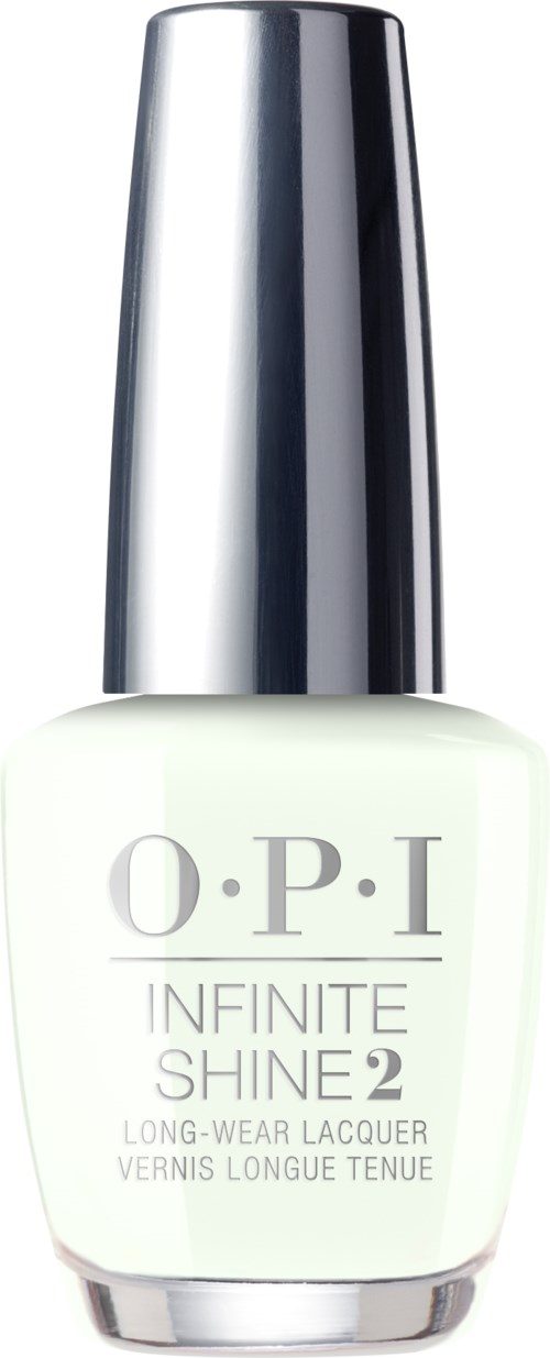 En vit nagellackflaska med en silverkork, märkt 'O.P.I Infinite Shine 2 Long-Wear Lacquer.'