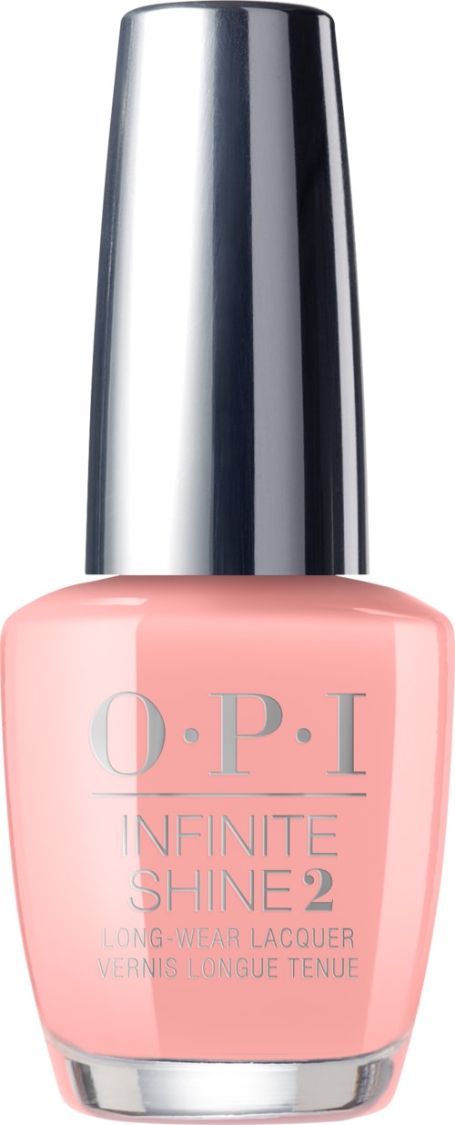 En flaska rosa nagellack med ett silverlock märkt O.P.I. Infinite Shine 2.