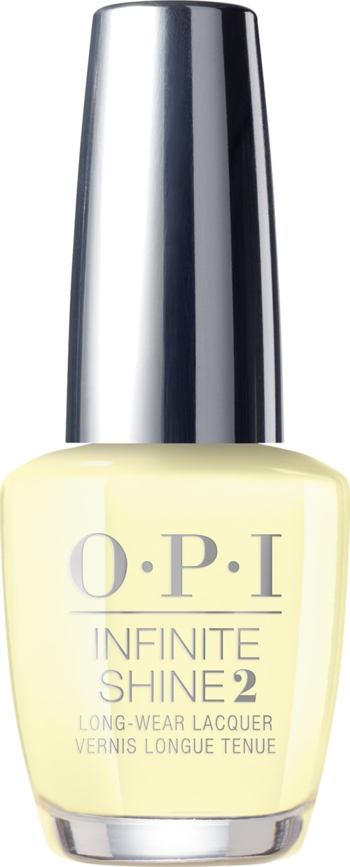 En flaska nagellack från O.P.I som heter Infinite Shine 2, ljusgul färg, med ett glänsande silverlock.