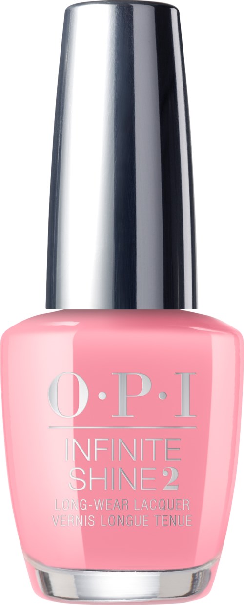 En rosa nagellackflaska med silverhölje, märkt 'O.P.I Infinite Shine 2'.