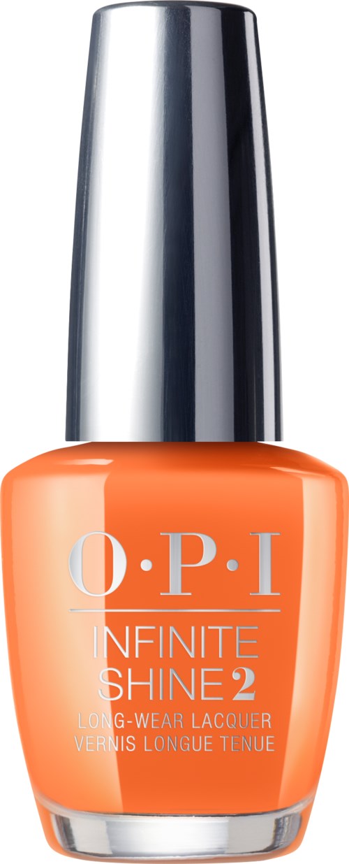 Orange nagellackflaska med silverkork, märkt 'O.P.I INFINITE SHINE 2'.