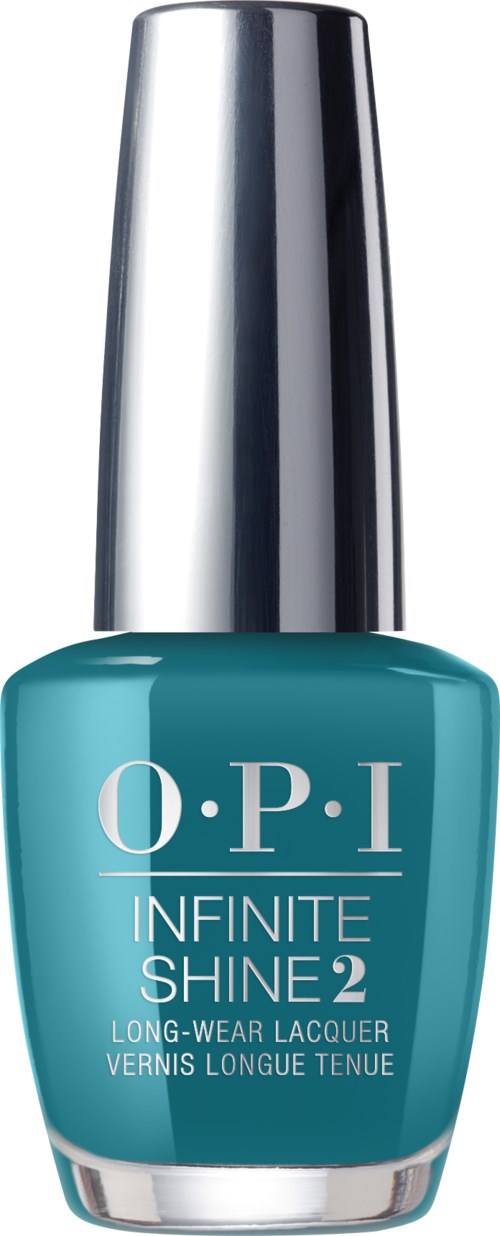 En blå nagellack flaska med en silverfärgad kork och vit text som lyder "O.P.I Infinite Shine 2."
