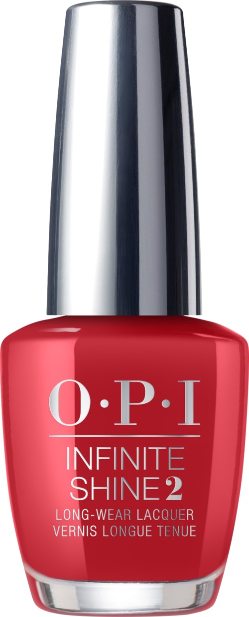 En röd nagellacksflaska med silverlock, märkt "O.P.I INFINITE SHINE 2 LONG-WEAR LACQUER."